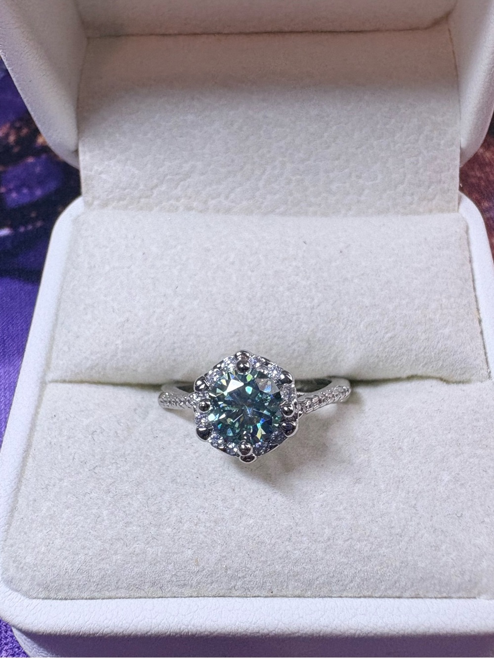 Sparkling Lake Blue Mystic Halo Ring 1 carat moissanite silver plated ring